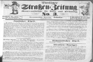 Ein Schwarz-Weiß-Foto eines Mannes im Anzug und mit Krawatte mit ernster Miene, der vor einem bewundernden Publikum steht, war in der deutschen Zeitung Berliner Straßen-Beitung Nr. 3 zu sehen, mit fetter Schrift und einem dekorativen Rahmen.