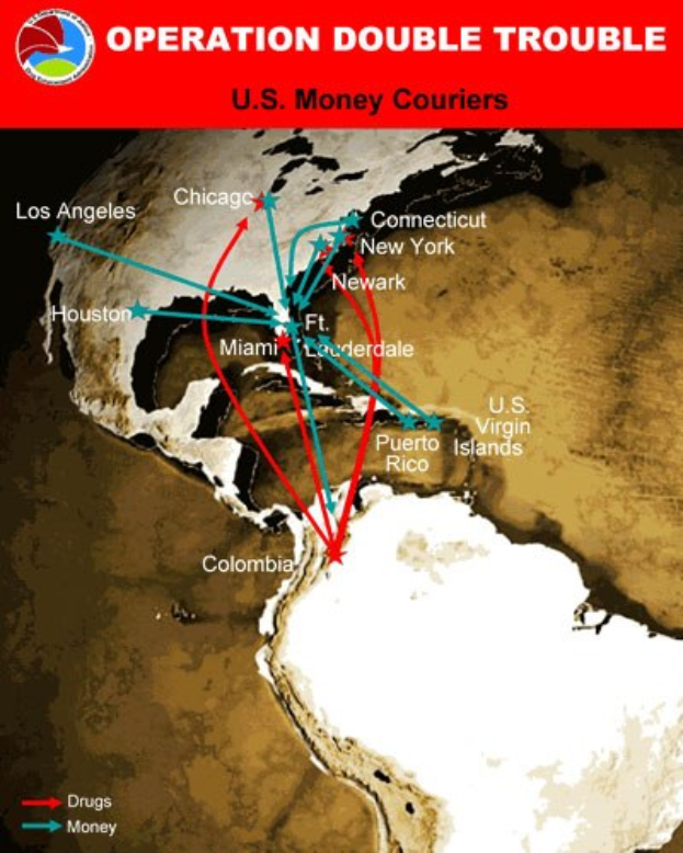 Plakat mit dem Titel "Operation Double Trouble: US-Geldkurier" mit einer Karte der USA, die in zwei Abschnitte unterteilt ist, einen für die Routen der Geldkurier und einen für die Standorte der Carrier, mit fetter schwarzer Schrift auf einem weißen Rand.