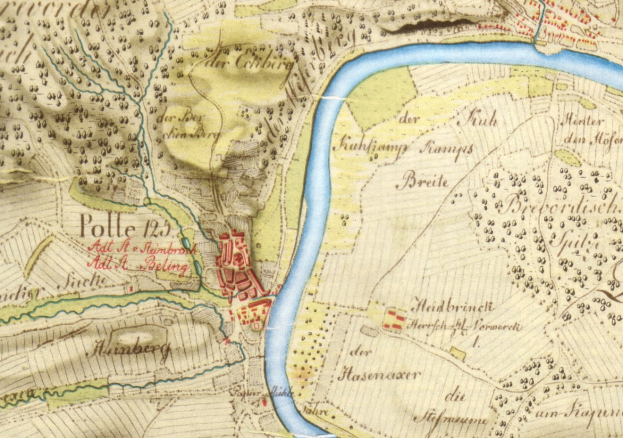 Detailiertes altes Stadtplan von Polle, Deutschland, mit einem Fluss, Straßen, Gebäuden und anderen Merkmalen.