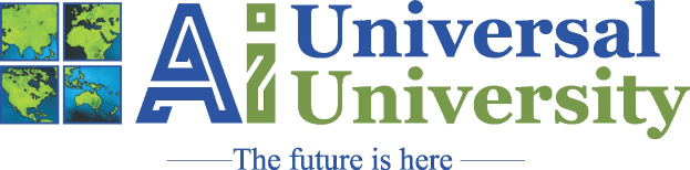 Das Universelle Universitätslogo mit einem blauen Kreis mit weißer Umrandung und einem Stern, umgeben von einem weißen Ring mit blauer Schrift und dem Satz "Die Zukunft ist Hier" in fetter schwarzer Schrift darunter.