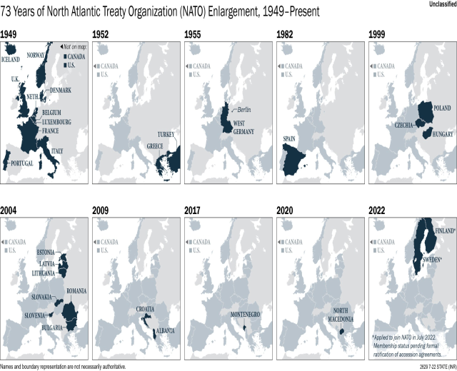 Karte zeigt die NATO-Erweiterung von 1949 bis heute, farblich codiert nach dem Jahr des Beitritts.