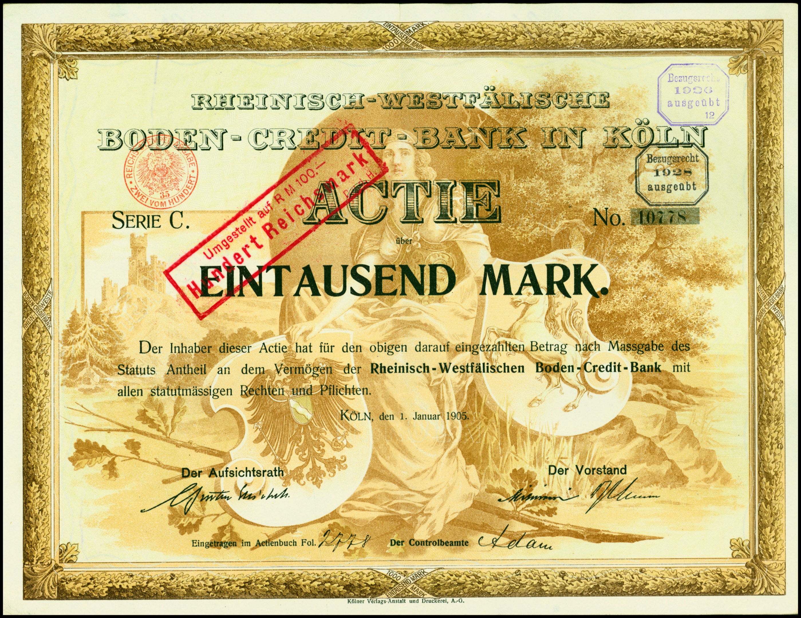 Rahmt altes deutsches Bankzertifikat mit Porträt eines Mannes im Anzug und Krawatte mit ernstem Gesichtsausdruck sowie Text und Stempel.