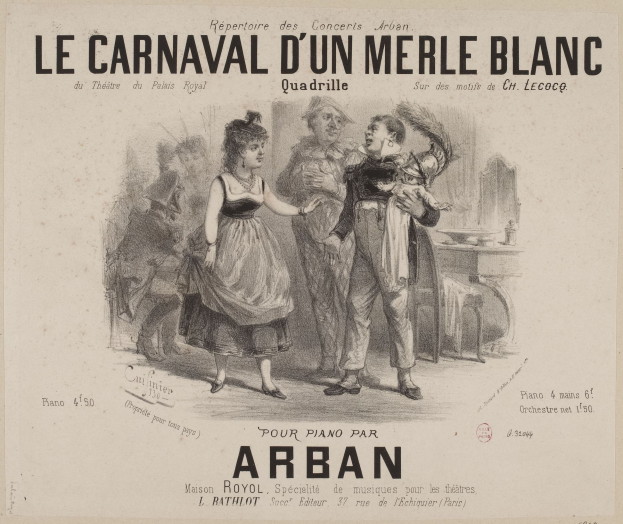 Ein Blatt Papier mit einer Zeichnung eines Mannes und einer Frau in traditioneller Kleidung vor einer festlichen Karnevals Szenerie, betitelt mit "le carnaval d'un merle blanc."