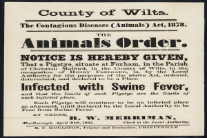 Ein Plakat mit Text, der eine Bekanntmachung nach dem Tierseuchengesetz von 1878 bezüglich der Afrikanischen Schweinepest in Wiltshire ankündigt.