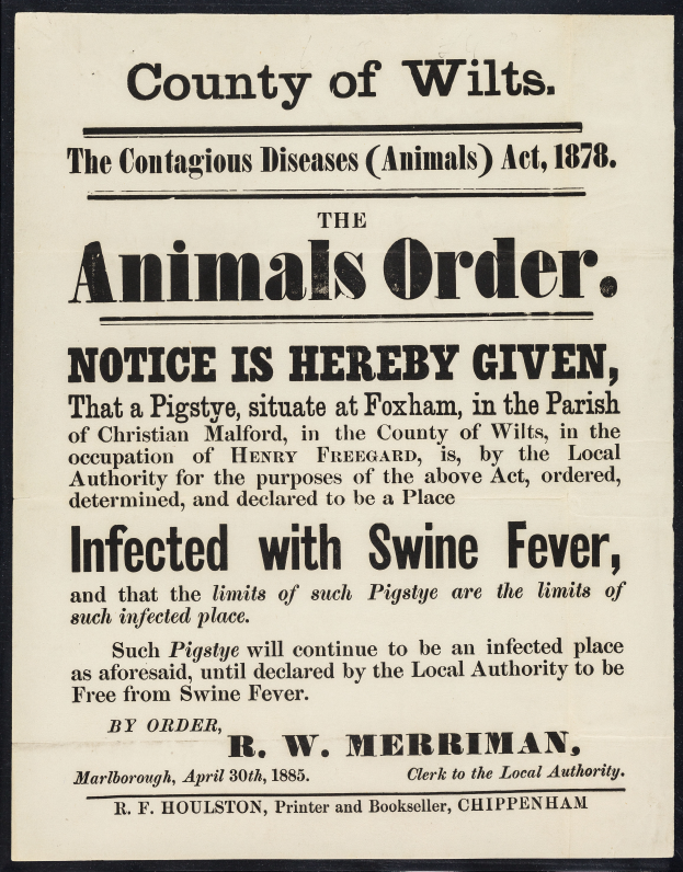 Ein Plakat mit Text, der eine Bekanntmachung nach dem Tierseuchengesetz von 1878 bezüglich der Afrikanischen Schweinepest in Wiltshire ankündigt.