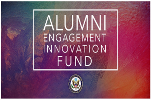 Zentriertes Logo für den Alumni Engagement Innovation Fund auf einem bunten, farbenfrohen Hintergrund mit umgebendem Text.