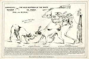 Ein Vintage-Stil-Papier mit einem gedämpften Blau- und Grau-Farbschema zeigt eine Zeichnung von zwei Hunden, die einen Skelett flankieren, mit der Inschrift "Der wilde Jäger der Wildnis im Einsatz" in fetter Schrift.