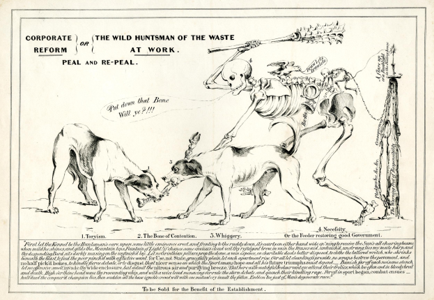 Ein Vintage-Stil-Papier mit einem gedämpften Blau- und Grau-Farbschema zeigt eine Zeichnung von zwei Hunden, die einen Skelett flankieren, mit der Inschrift "Der wilde Jäger der Wildnis im Einsatz" in fetter Schrift.