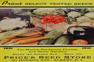 Plakat mit verschiedenen Gemüsen wie Karotten und Tomaten mit dem Text "Preis's Select Tested Seeds" oben.