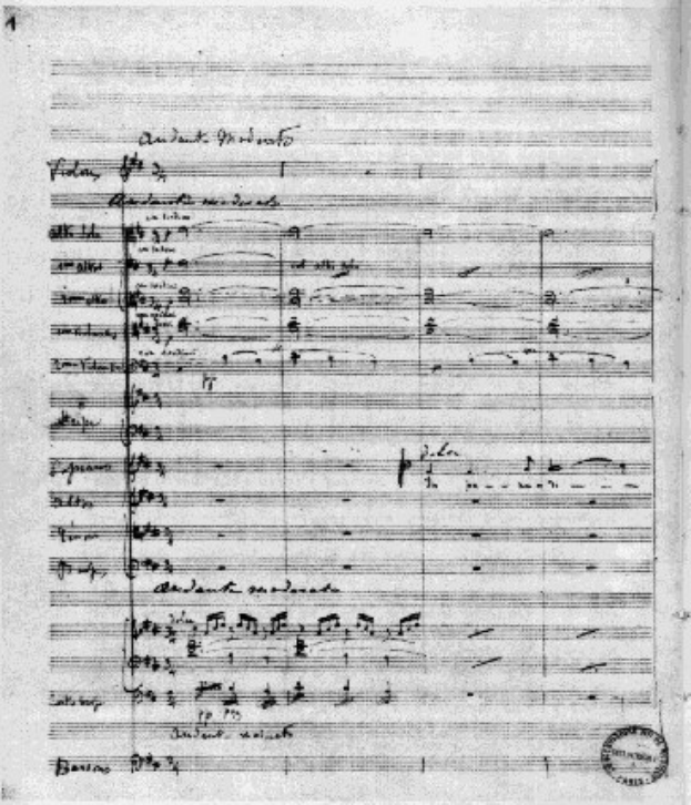 Schwarze und weiße Notenblätter für Johann Sebastian Bachs Sinfonie Nr. 4 G-Dur, Op. 63, mit einem Stempel in der rechten unteren Ecke, der "Di-Arezzo Co UK" lautet.