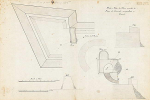 Eine Seite aus einem Buch mit einem detaillierten architektonischen Plan einer Opernhausecke mit einem Loch von 1845, begleitet von Text und Zeichnungen.