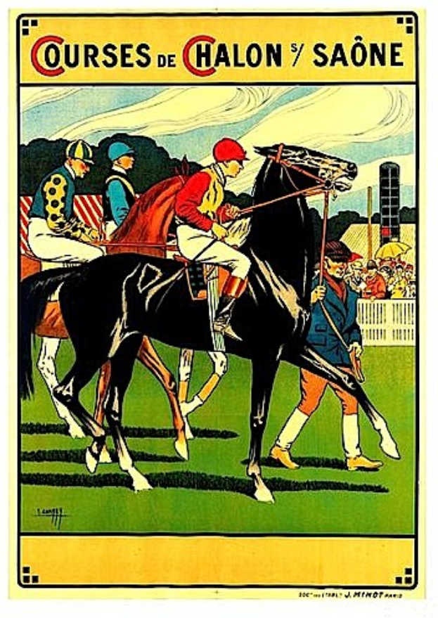 Plakat, das ein Pferderennen mit Jockeys auf Pferden zeigt, umgeben von einer Menge hinter einem Zaun, mit Bäumen und einem bewölkten Himmel im Hintergrund und Text, der die Renntracks beschreibt.