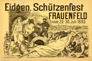 Ein Vintage-Plakat für das Eidgen Schützenfest in Frauenfeld, Deutschland, mit einem Mann in einem Anzug und einer Frau in einem Kleid, die nebeneinander stehen, und Text mit Informationen über das Ereignis.