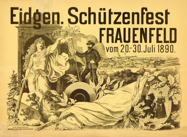Ein Vintage-Plakat für das Eidgen Schützenfest in Frauenfeld, Deutschland, mit einem Mann in einem Anzug und einer Frau in einem Kleid, die nebeneinander stehen, und Text mit Informationen über das Ereignis.