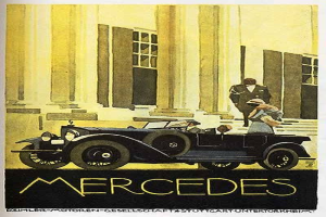 Vintage-Plakat aus den 1920er-Jahren von Mercedes-Benz mit einem klassischen Auto mit zwei Insassen vor einem modernen Gl├Ąserturm, mit 'Mercedes-Benz'-Text unten.
