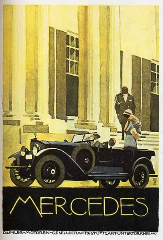 Vintage-Plakat aus den 1920er-Jahren von Mercedes-Benz mit einem klassischen Auto mit zwei Insassen vor einem modernen Gl├Ąserturm, mit 'Mercedes-Benz'-Text unten.