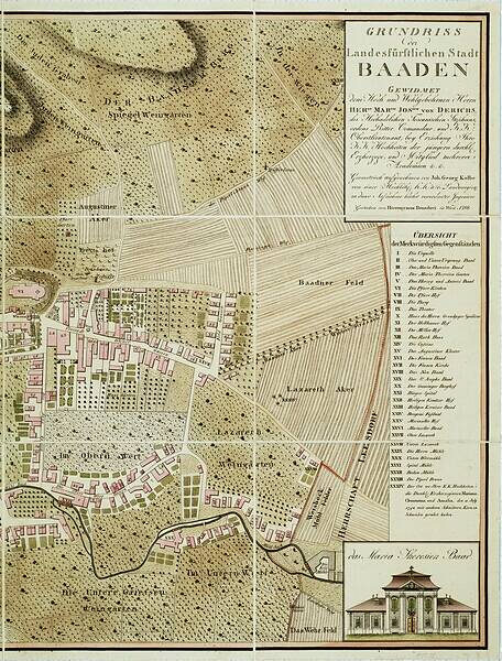 Ein detailliertes altes Stadtplan von Baden-Württemberg, Deutschland, das Straßen, Gebäude und Sehenswürdigkeiten zeigt, mit einem Gebäude in der rechten unteren Ecke hervorgehoben und Text, der Stadtinformationen bereitstellt.