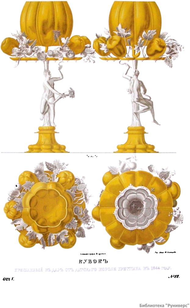 Ein Plakat mit einer Zeichnung eines Tisches, der mit Kürbissen, Skulpturen und Blumen geschmückt ist, mit dem Text "Kürbis-Dekorationen aus dem 18. Jahrhundert" unten.