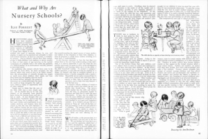 Offenes Buch mit Illustrationen von spielenden Kindern in einer Kita, mit Text und einer Tabelle mit verschiedenen Gegenständen.