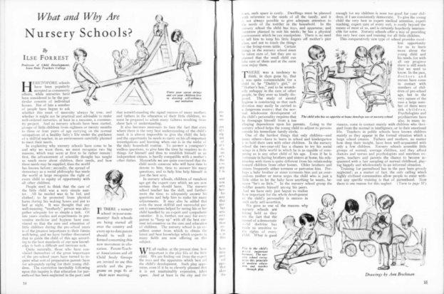 Offenes Buch mit Illustrationen von spielenden Kindern in einer Kita, mit Text und einer Tabelle mit verschiedenen Gegenständen.