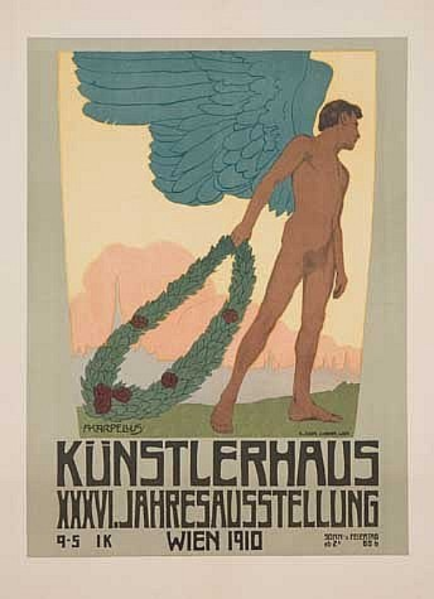 Deutsches Propagandaplakat aus dem Jahr 1910 für das Künstlerhaus Wien mit einem geflügelten Mann in einem Kranz, mit ausgestreckten Armen und kräftiger Schrift.