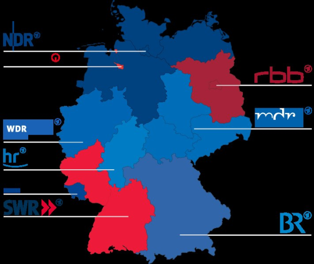 Eine Deutschlandkarte mit Bundesländern in rot und blau, die die Ergebnisse der Wahl 2016 anzeigen, einschließlich der Namen der Kandidaten und der Wahltermine.