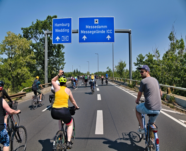 Gruppe von Radfahrern mit Helmen auf einer Straße mit Bäumen auf einer Seite und einem Geländer auf der anderen, Laternen im Hintergrund, unter einem klaren blauen Himmel, mit einem Schild, das eine Radtour in Hamburg anzeigt.