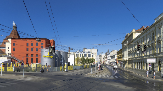 Stadtstraße mit Gebäuden, Straßeninfrastruktur, Fahrzeugen, Fussgängern, Bäumen und Himmel.