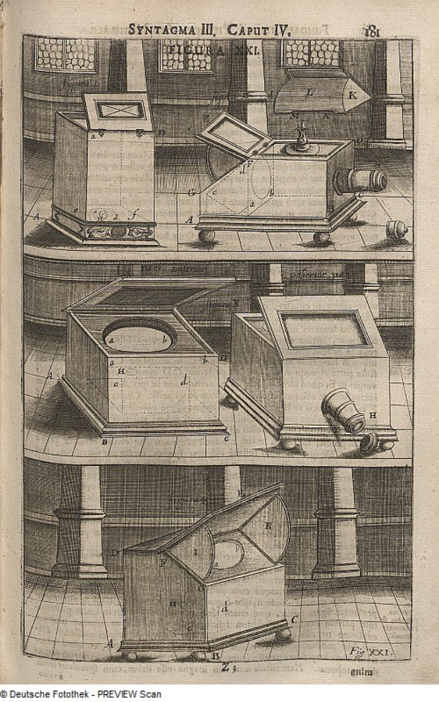 Ein altes Buch mit einer Zeichnung eines Stereoskops auf dem Cover, das sichtbaren Text und Zahlen auf den Seiten zeigt.