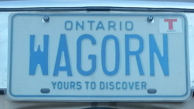 Kennzeichen an einem Auto mit weißem Hintergrund und schwarzer Schrift, die 'Wagorn' in fetter Schriftart liest.