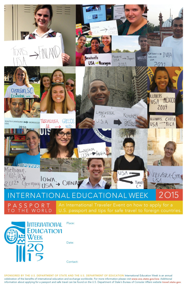 Internationaler Bildungswoche 2015-Plakat mit einer Gruppe strahlender Menschen mit Schildern und Text mit Informationen zum Event.