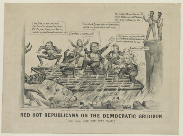 Ein Blatt Papier mit einer Zeichnung von roten Figuren auf einem Gitter, deren Gesichter vor Wut verzerrt sind und die Arme erhoben haben, begleitet von fetter schwarzer Schrift.