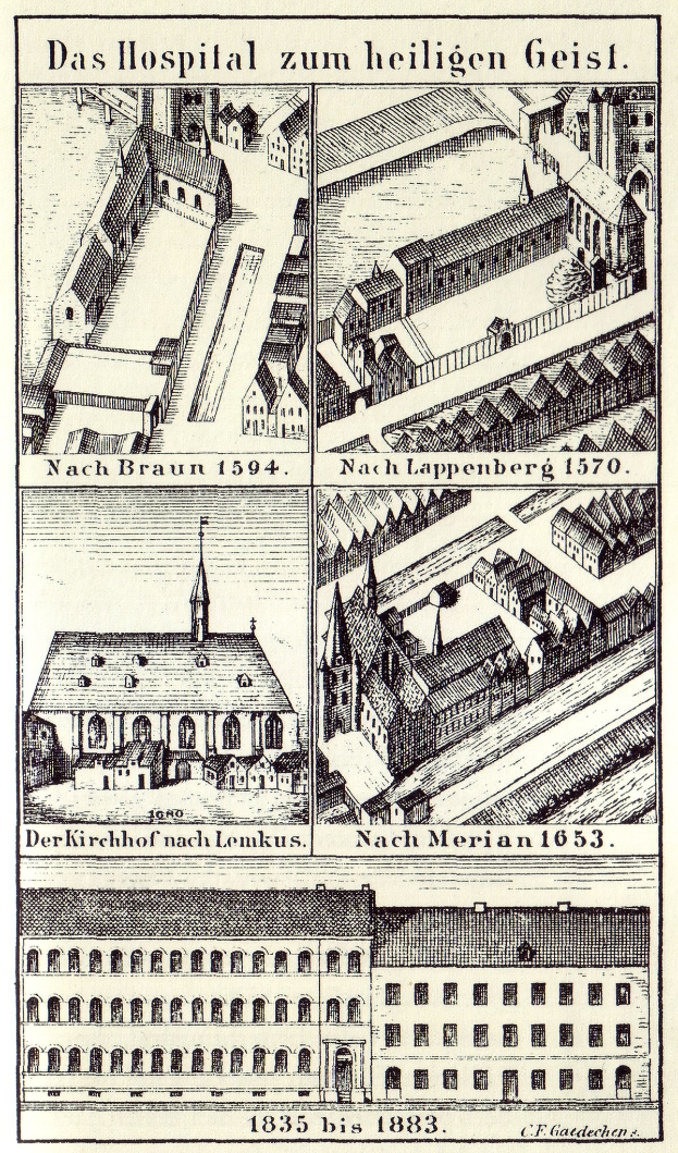 Detailreiches architektonisches Zeichnung eines deutschen Krankenhauses auf einem Plakat, das Gebäude mit Fenstern, Türen und Balkonen zeigt, begleitet von beschreibendem Text über seine Größe, Lage und Merkmale.