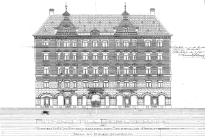 Eine Schwarz-Weiß-Zeichnung des Ritz-Carlton Hotels in Hamburg, Deutschland, mit zahlreichen Fenstern und sichtbarem Text.