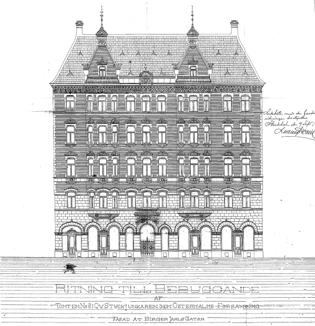 Eine Schwarz-Weiß-Zeichnung des Ritz-Carlton Hotels in Hamburg, Deutschland, mit zahlreichen Fenstern und sichtbarem Text.