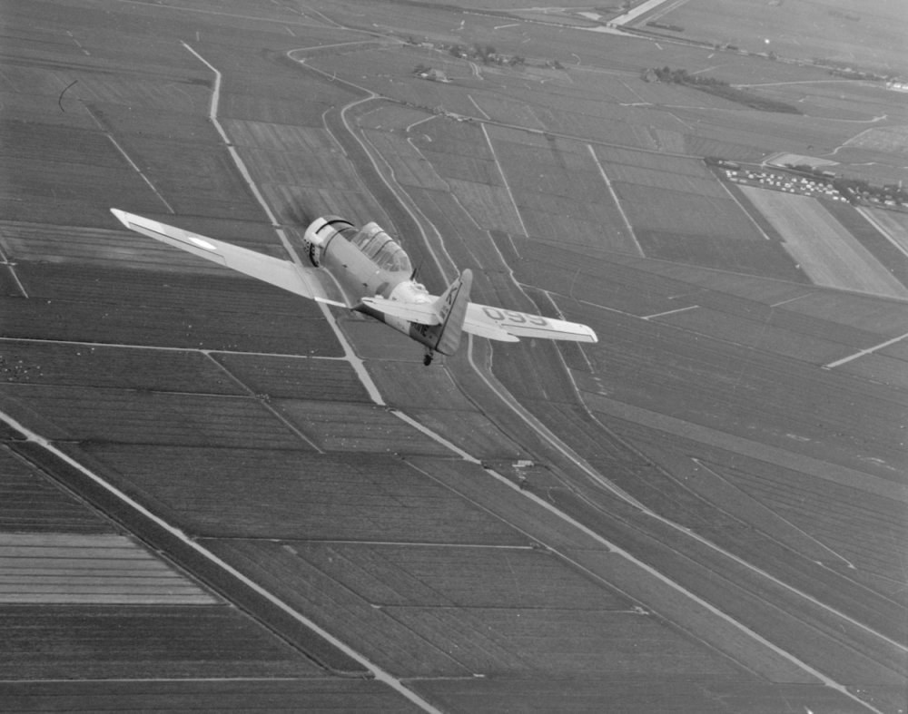 Kleines schwarzes und weißes Flugzeug fliegt über ein Feld.