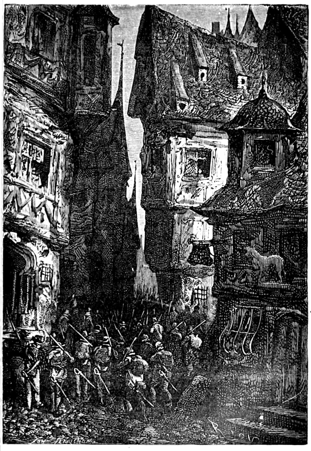 Schwarze und weiße Zeichnung einer Straßenszene mit dem Titel "Die Schlacht von Stuttgart" mit einer Gruppe von Menschen im Vordergrund und Gebäuden im Hintergrund.