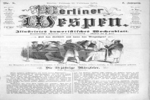 Alte deutsche Zeitung "Berliner Wespen" vom 21. Februar 1873 mit einer Gruppe von Menschen in traditioneller deutscher Kleidung, die sich unterhalten, mit deutscher Text, der das Ereignis wahrscheinlich beschreibt.