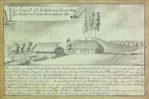 Ein altes Dokument mit einer Zeichnung eines Bauernhofs in einem Feld, umgeben von Häusern, Bäumen und Himmel, mit der Aufschrift "Surgensburg, Deutschland - Landschaft eines Bauernhofs".