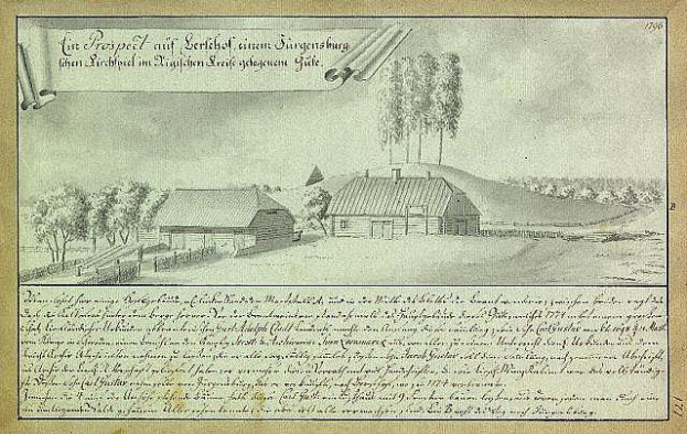 Ein altes Dokument mit einer Zeichnung eines Bauernhofs in einem Feld, umgeben von Häusern, Bäumen und Himmel, mit der Aufschrift "Surgensburg, Deutschland - Landschaft eines Bauernhofs".