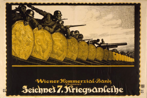 Eine Gruppe von Helmi-individuals mit Waffen, mit "Wiener Kommmerzial Bank"-Text unten, auf einem deutschen Weltkriegspropagandaplakat für die deutsche Armee.