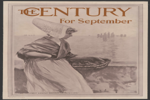 Eine Frau in einem weißen Kleid und einer blauen Schärpe hält einen Korb, ihr Haar ist zu einem Dutt gebunden, vor einem tiefblauen sternenklaren Nachthimmel mit den Worten "Das Jahrhundert für September" darüber.