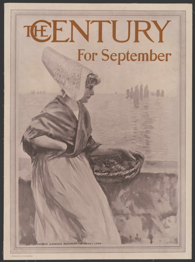 Eine Frau in einem weißen Kleid und einer blauen Schärpe hält einen Korb, ihr Haar ist zu einem Dutt gebunden, vor einem tiefblauen sternenklaren Nachthimmel mit den Worten "Das Jahrhundert für September" darüber.