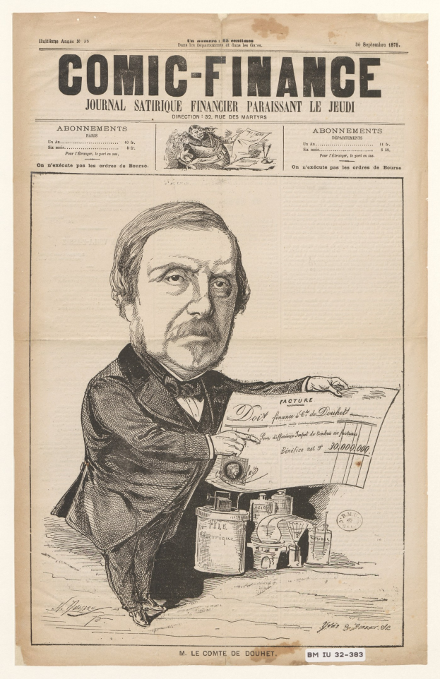 Schwarze und weiße Illustration eines Mannes in Anzug und Krawatte, der ein Blatt mit Text und Zahlen hält, aus einer alten Zeitung oder einem Comic-Finanzmagazin.