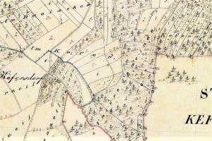 Ausführliche alte Karte von Kefendorf mit Straßen, Gebäuden, Sehenswürdigkeiten und zusätzlichem Text mit Stadtinformationen.