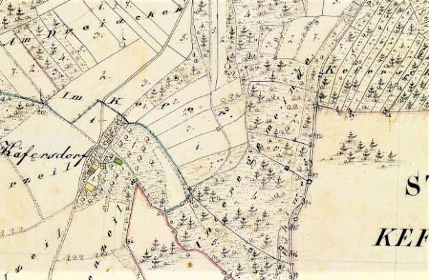 Ausführliche alte Karte von Kefendorf mit Straßen, Gebäuden, Sehenswürdigkeiten und zusätzlichem Text mit Stadtinformationen.