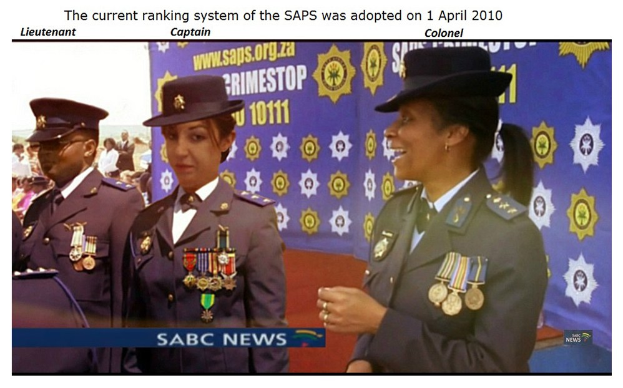 Gruppe von Menschen in Uniformen und Hüten mit einer Fahne, Text oben und unten lautet "Das aktuelle Ranglistensystem der SAP wurde am 1. April 2010 eingeführt."