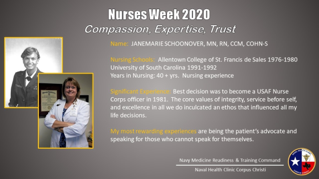 Ein Plakat mit zwei Fotos von Pflegekräften links und Text rechts, der "Nurses Week 2020: Mitgefühl, Expertise, Vertrauen" lautet, mit einem Logo unten rechts.