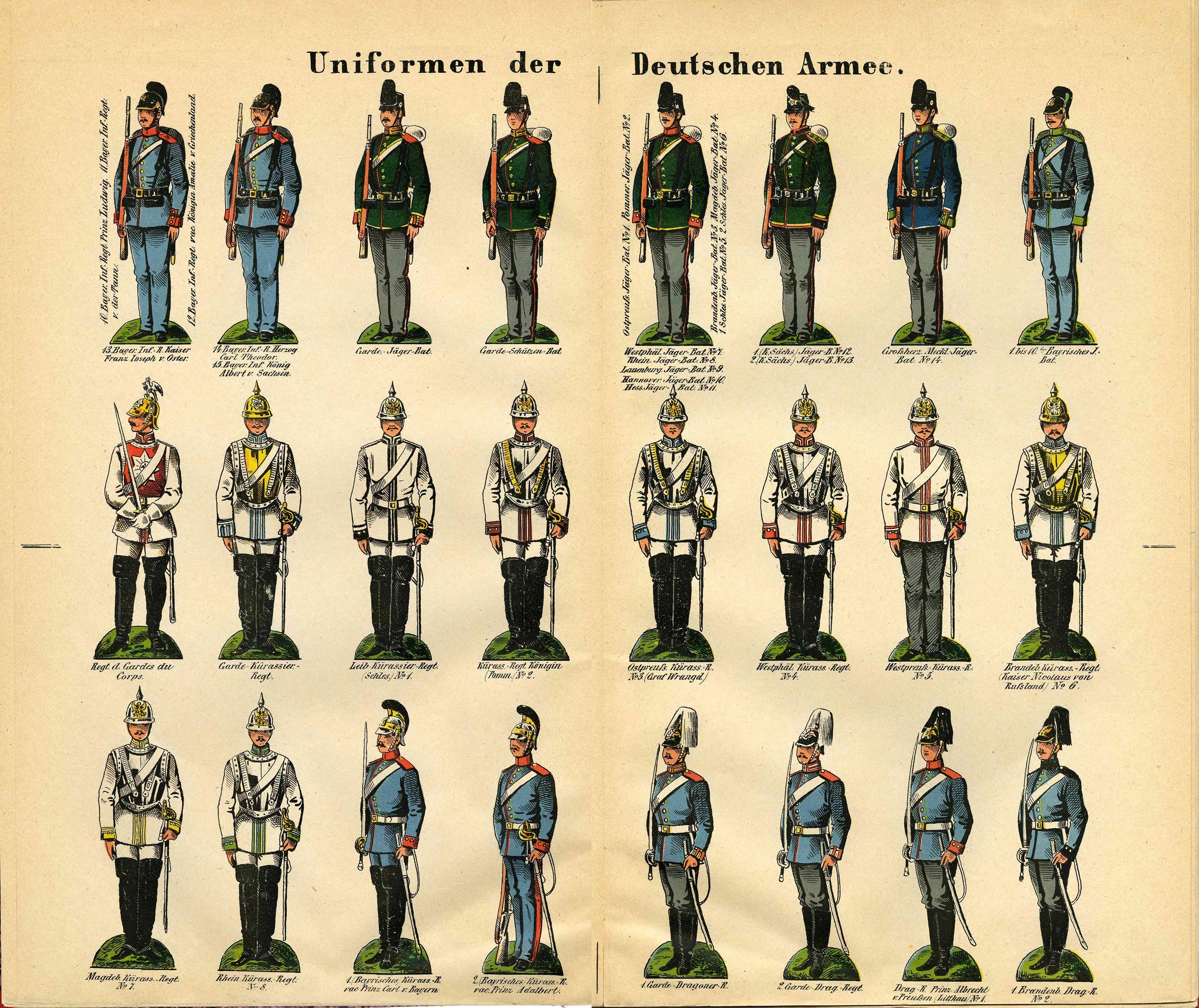 Ein Buch, das bunte deutsche Armee-Militäruniformen mit detaillierten Details wie Helmen, Gewehren und anderen Waffen zeigt.