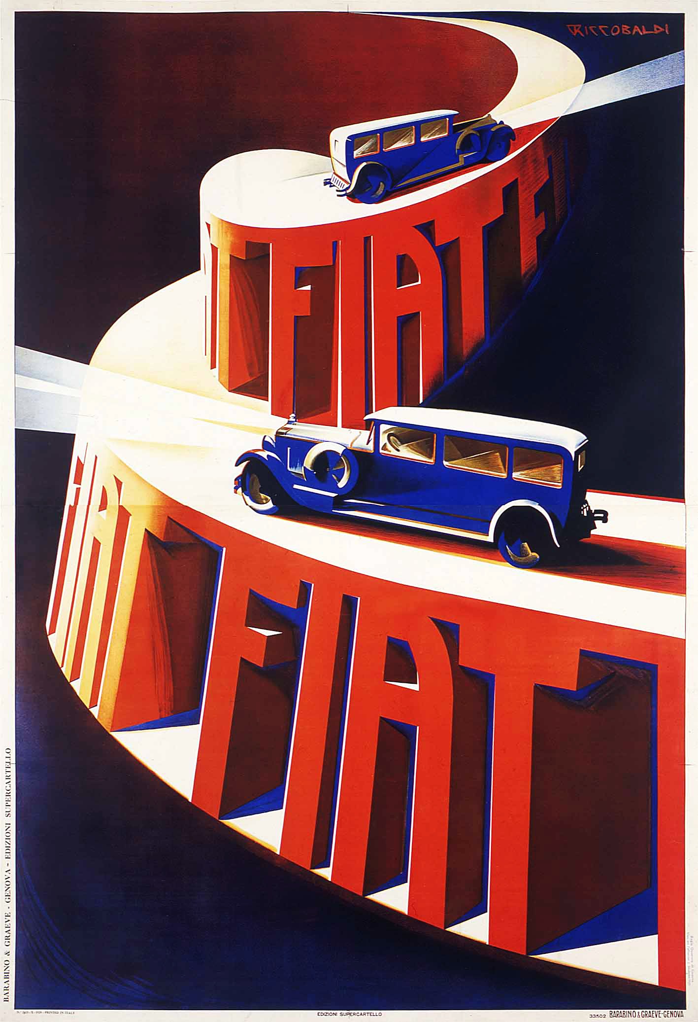 Plakatwerbung für Fiat-Autos, mit einem blauen Auto und einem roten Auto mit Text darauf.